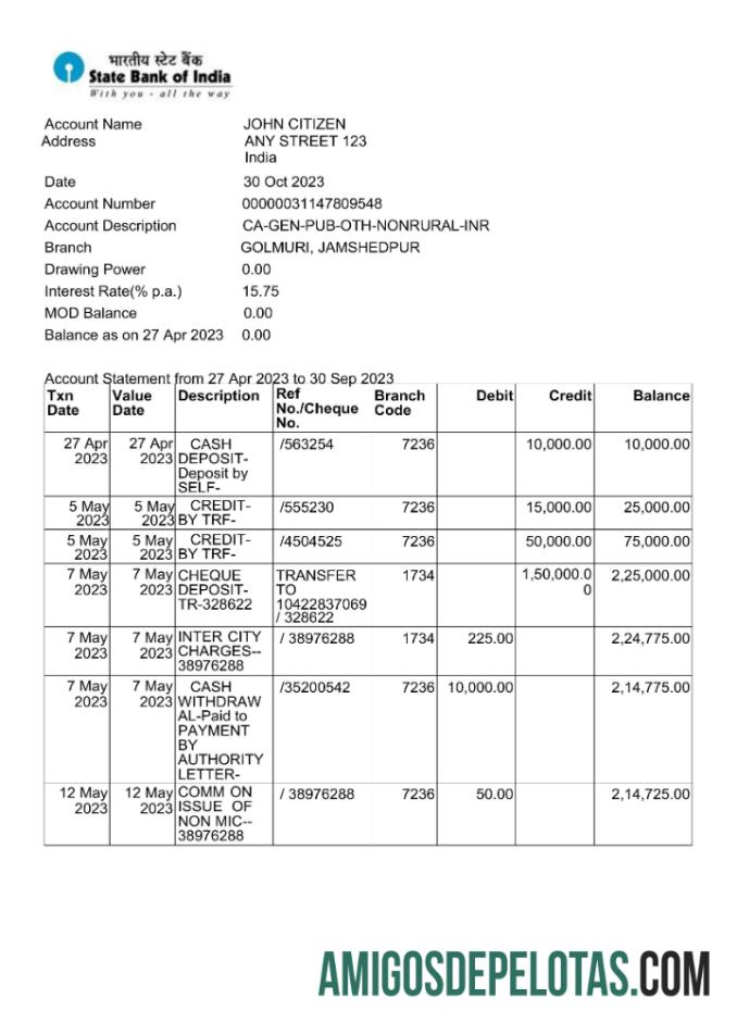 Imprimível India State Bank Of India Extrato bancário Word e PDF modelo Scr